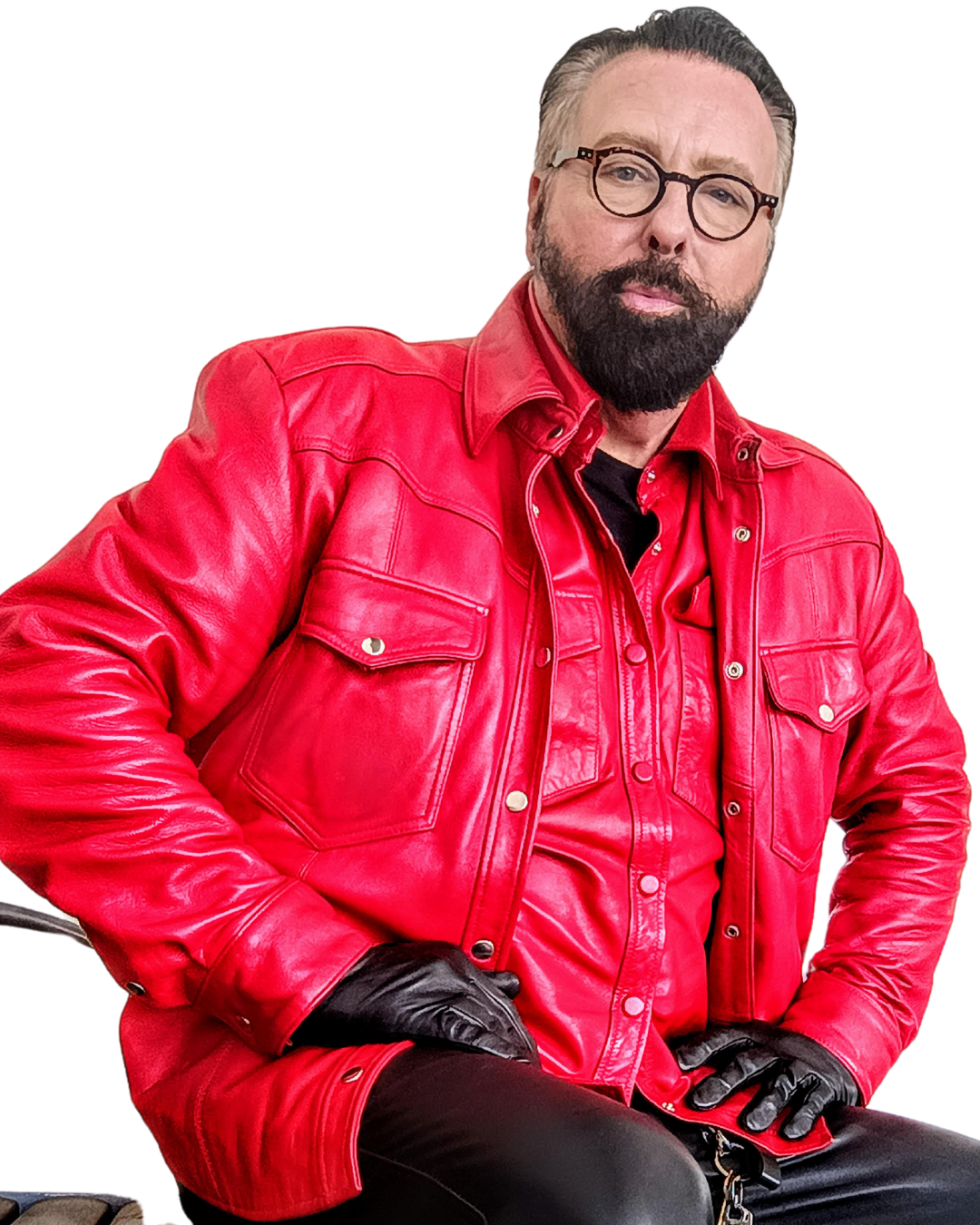 Picture of a model wearing our mens red leather shirt