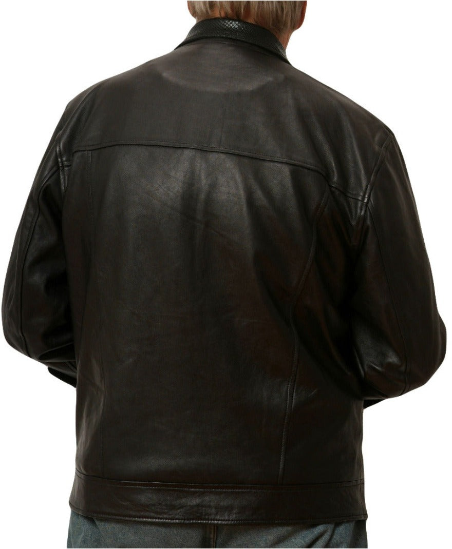 Picture of a model wearing our Black Snakeskin Leather Jacket with snakeskin collar and cuffs, back view.
