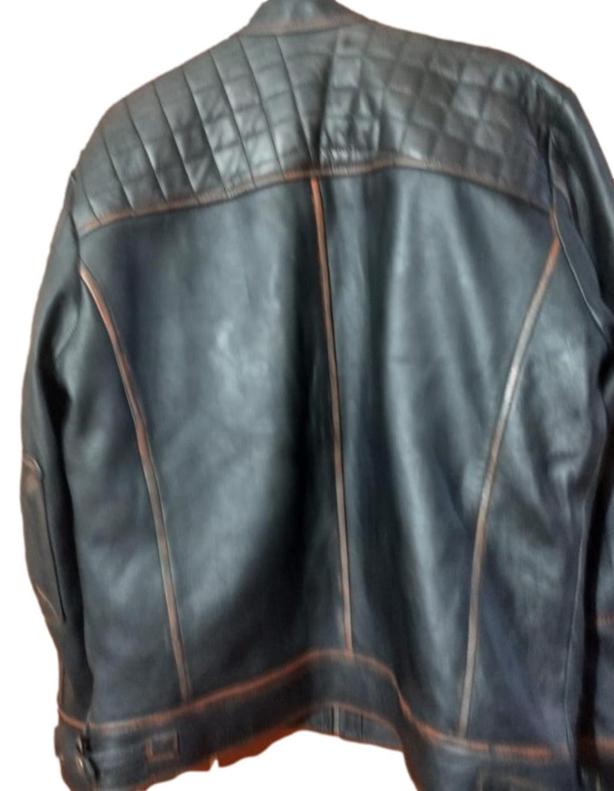 Picture of our black Distressed Cafe Racer Jacket rubbed and waxed for a distressed appearance,, back view
