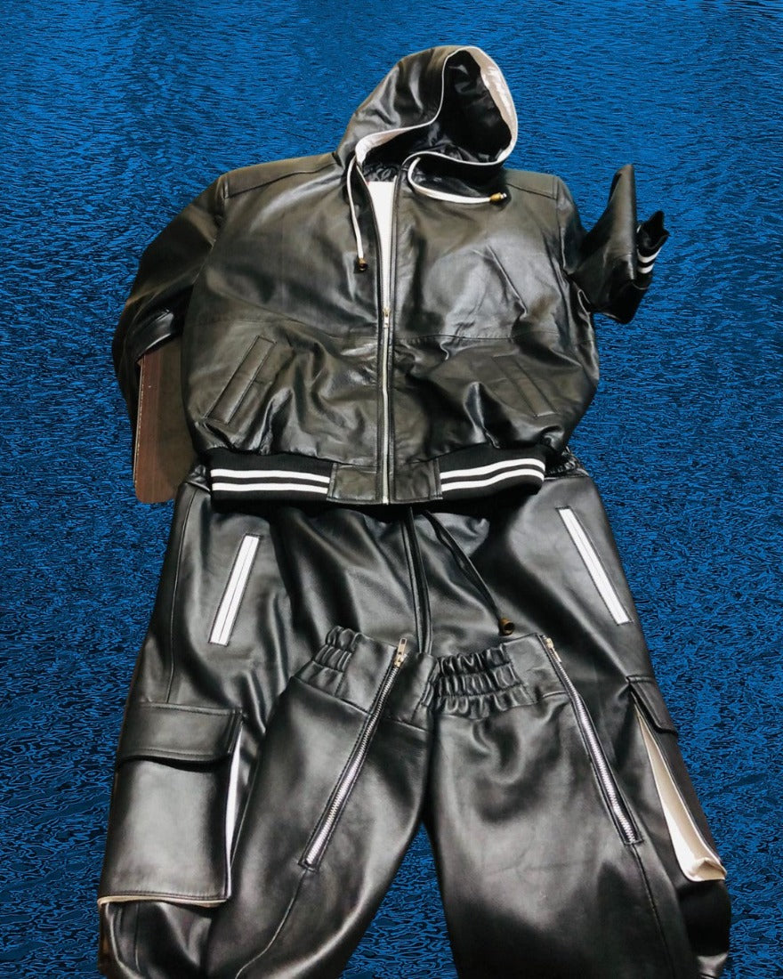 Picture of our Mens Leather Sweat Suit, folded flat.