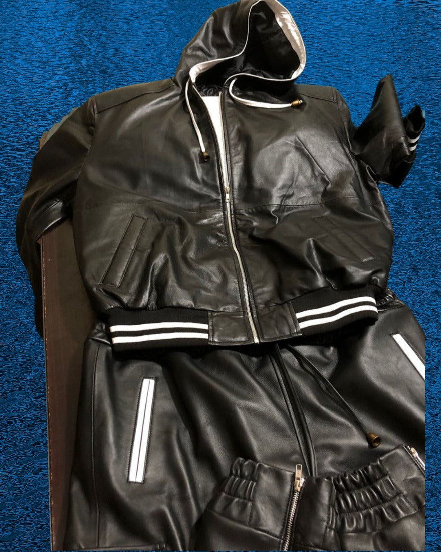 Picture of our Mens Leather Sweat Suit, folded flat.