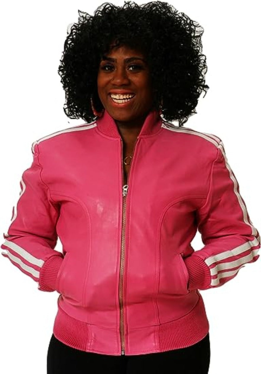 Picture of a female model wearing our Mens Pink Leather Jacket, front view.