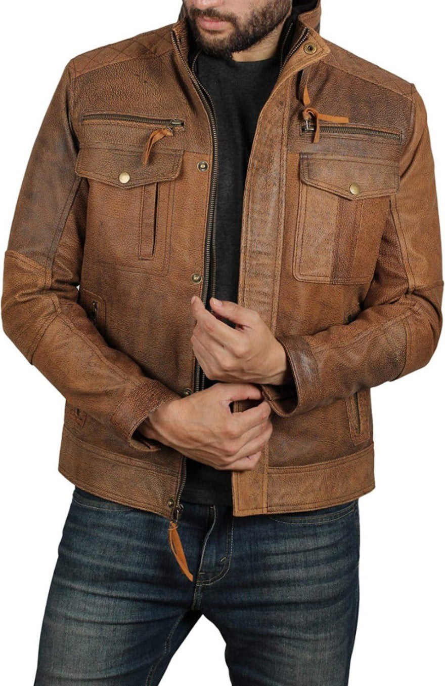 Picture of a model wearing our Mens Distressed Brown Leather Jacket Front View 1