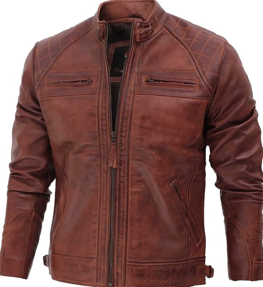 Picture of our Brown cafe racer Jacket  with diamond quilted shoulders, front view.