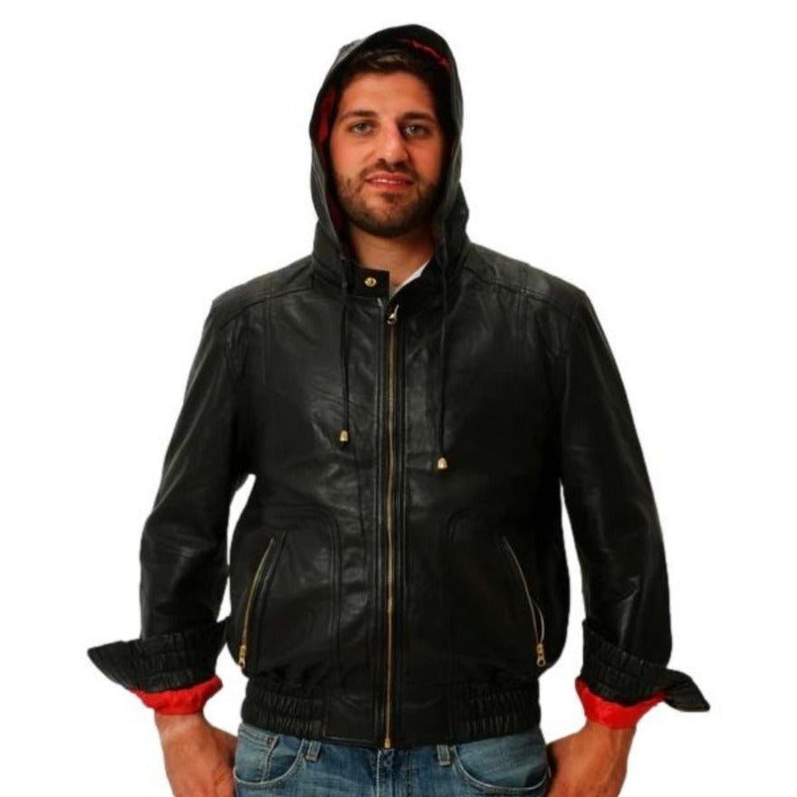 Picture of a model wearing a real Leather Hooded Jacket in Black front view with hood on.