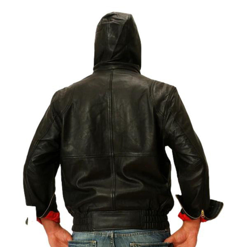Model wearing a real Leather Hooded Jacket in Black back, view with hood up.