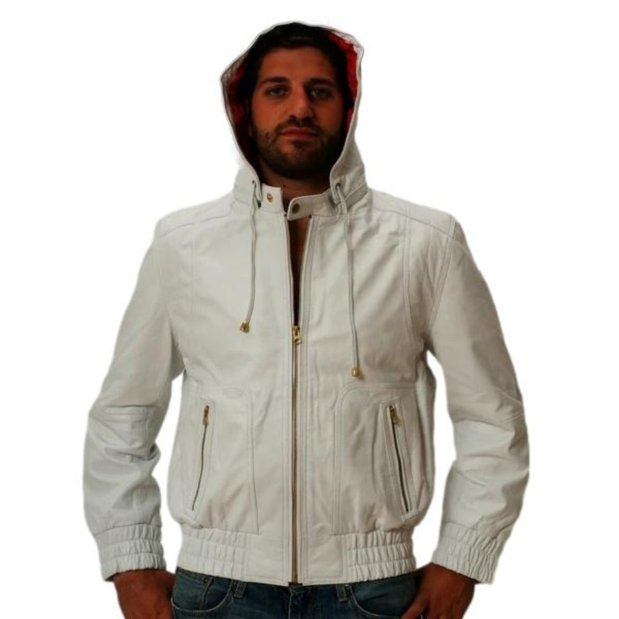 Picture of a Model wearing our Mens White Leather Jacket with Hood front, view with hood on..