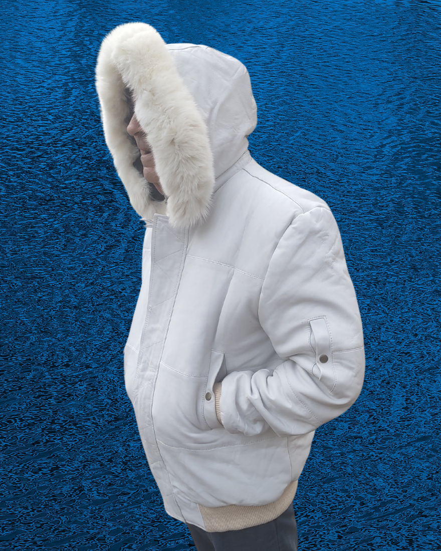 Picture of a model wearing our White Max Julian Leather Jacket, side view with hood up.