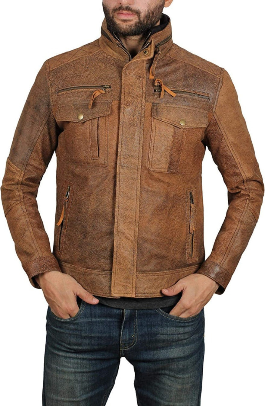 Mens Distressed Picture of a model wearing our Leather Jacket Front View Zipper Closed
