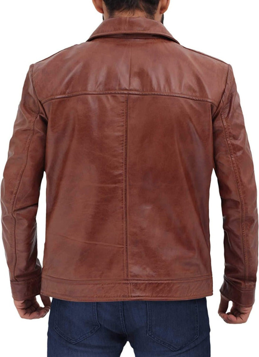 Picture of a model wearing our Brown Leather Zip up Jacket back view. 