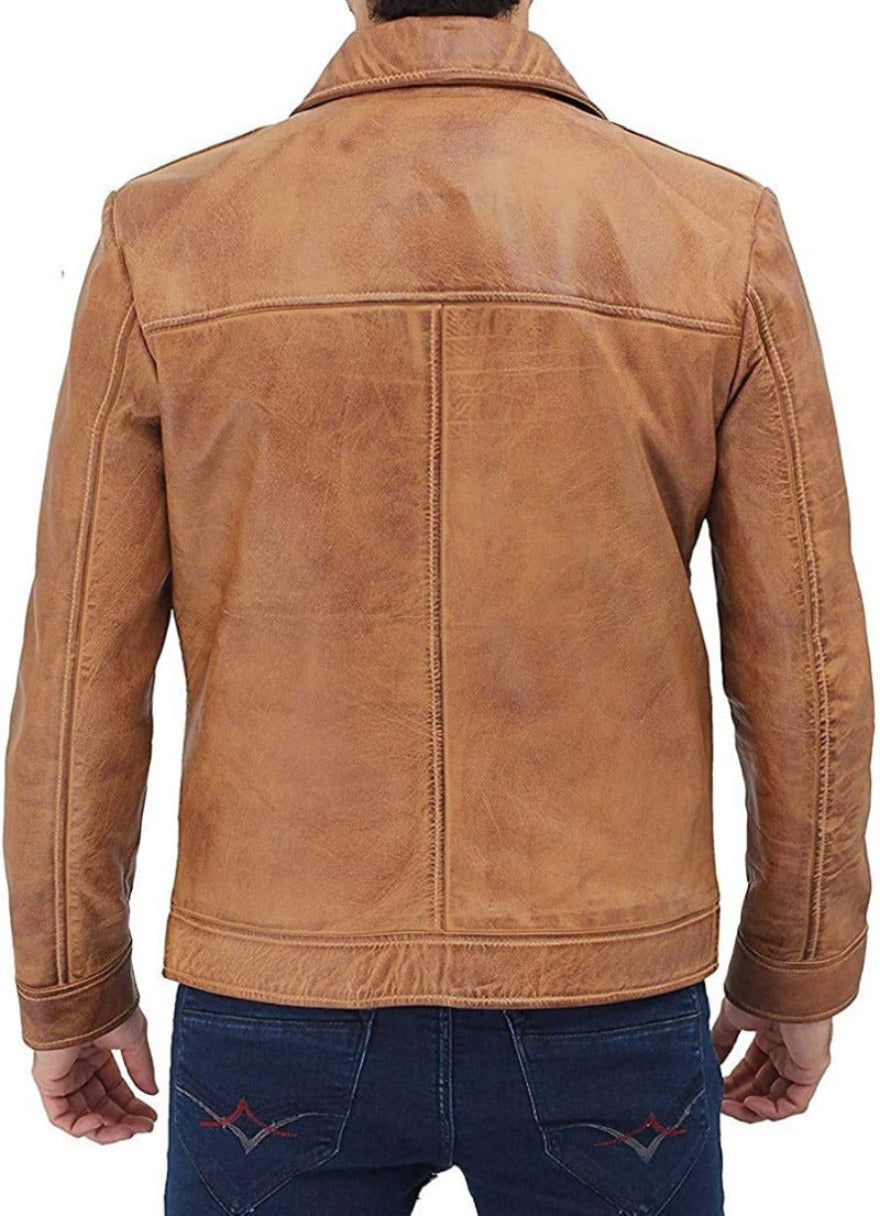 Picture of a model wearing our Mens Camel Color Leather Jacket, back view .