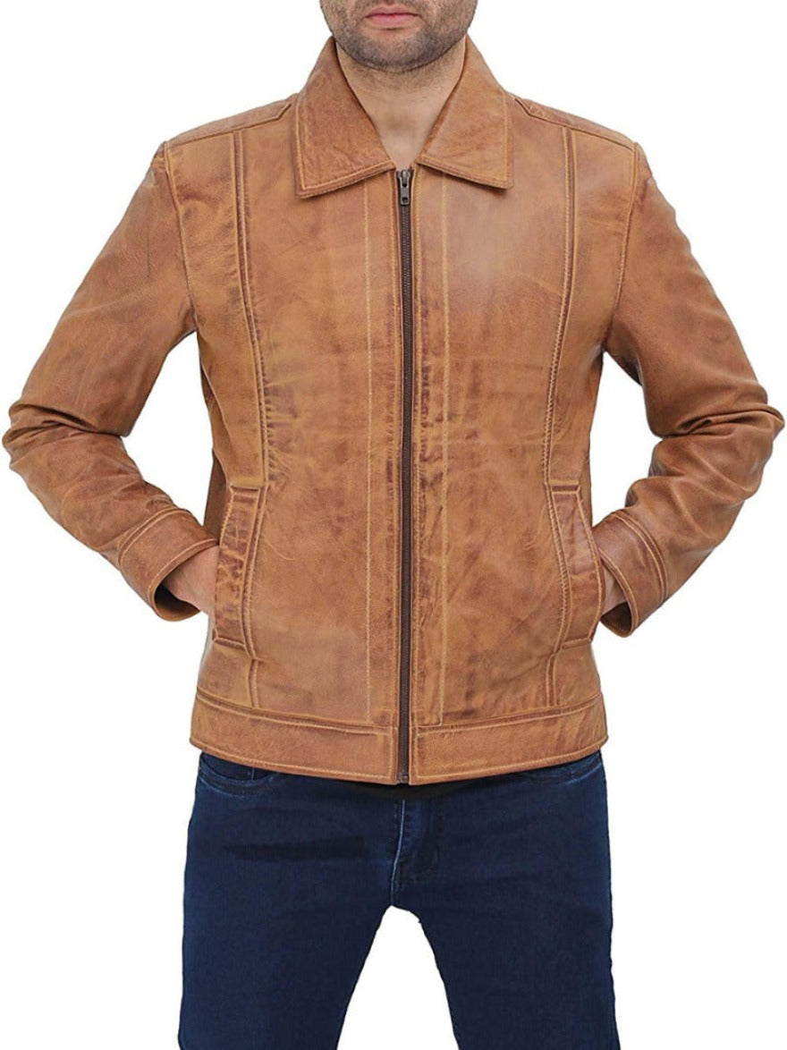 Picture of a model wearing our Mens Camel Color Leather Jacket front view with zipper closed.