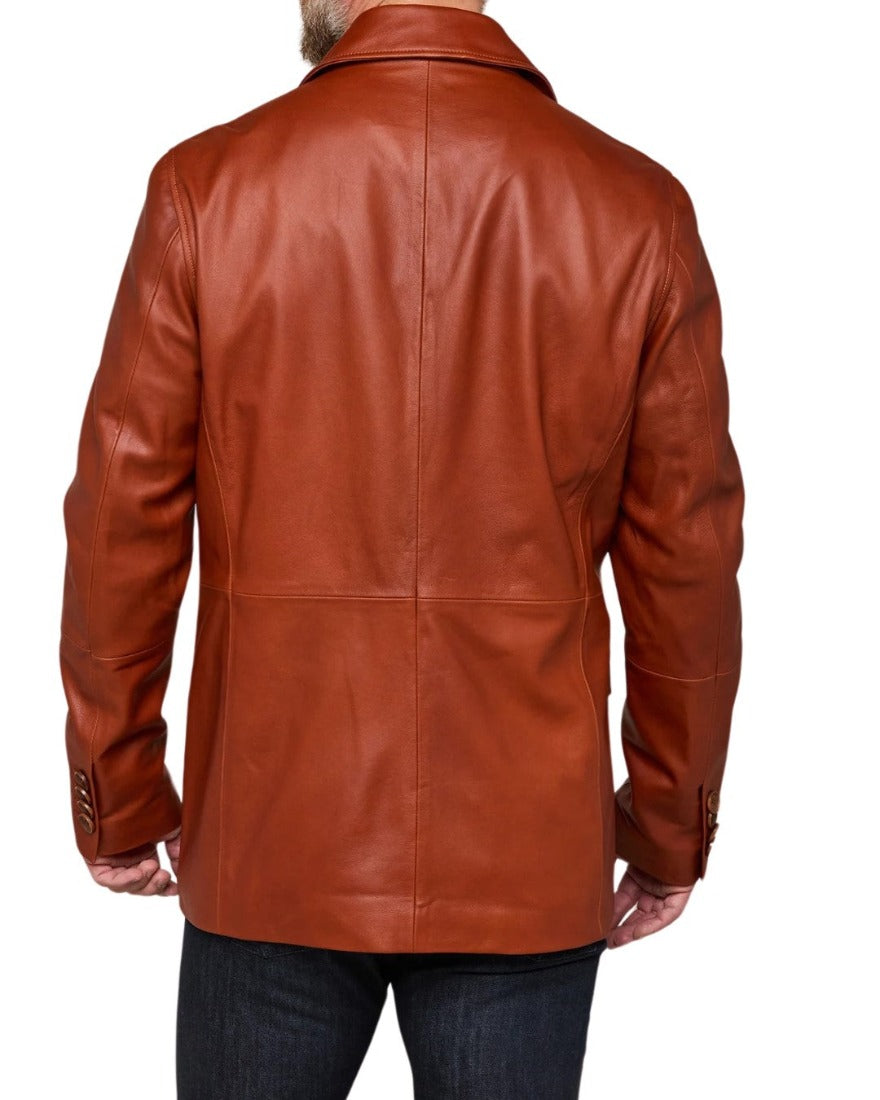 Picture of a model wearing our Leather cargo Jacket, brown color, back view.