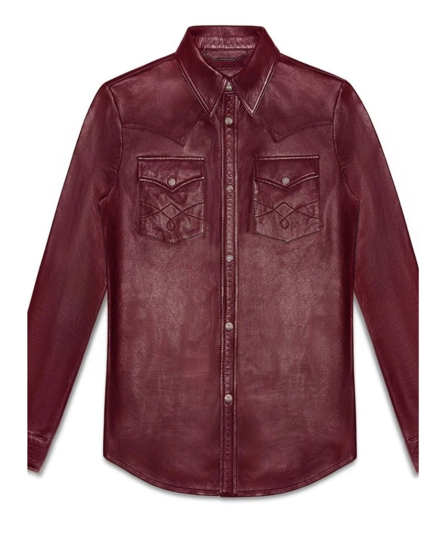 Picture of our dark red leather shirt, front view.