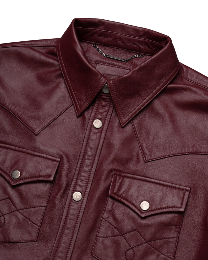 Picture of our dark red leather shirt, front view close up.