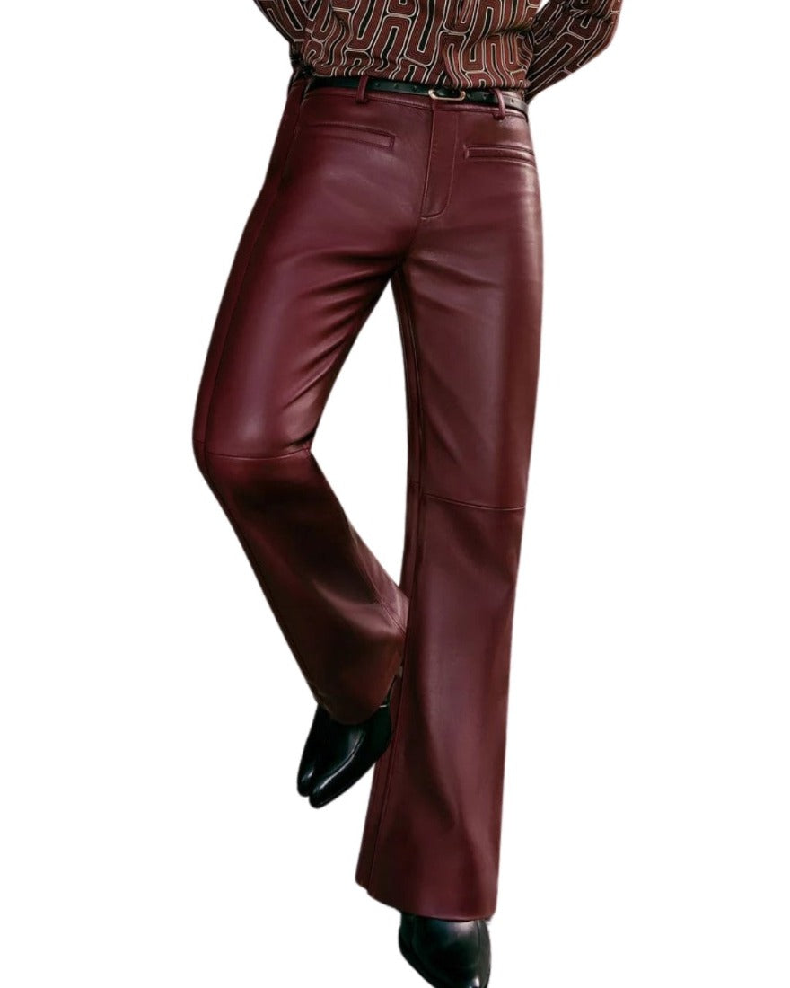 Picture of a model wearing our Mens Maroon Leather Pants,  a different Front view.