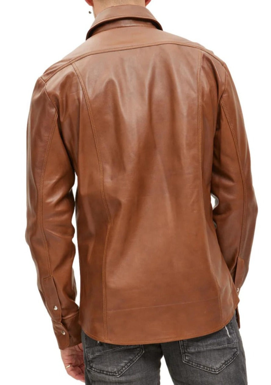 Picture of a model wearing our Mens Brown Leather Shirt, back view.