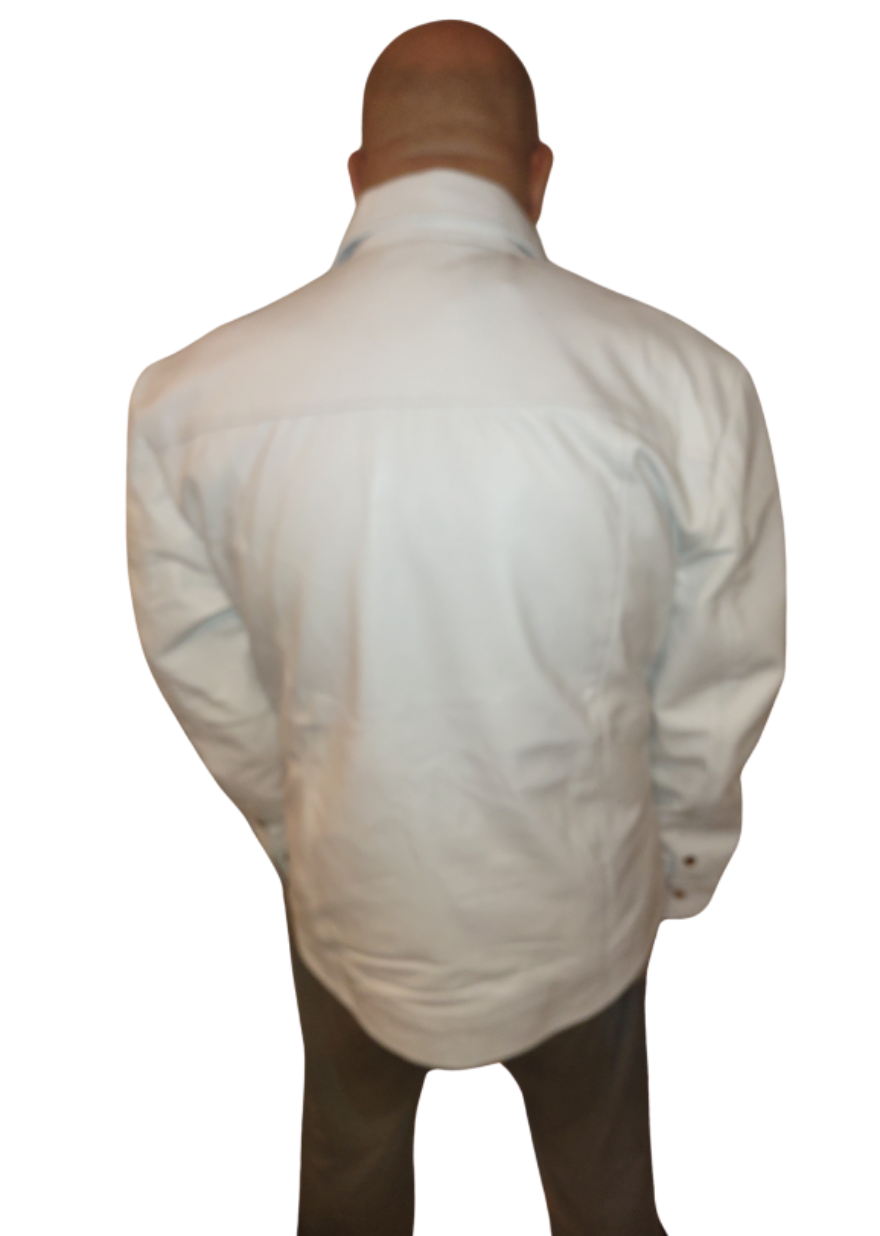 Picture of a model wearing our Mens White Leather Shirt, back view.