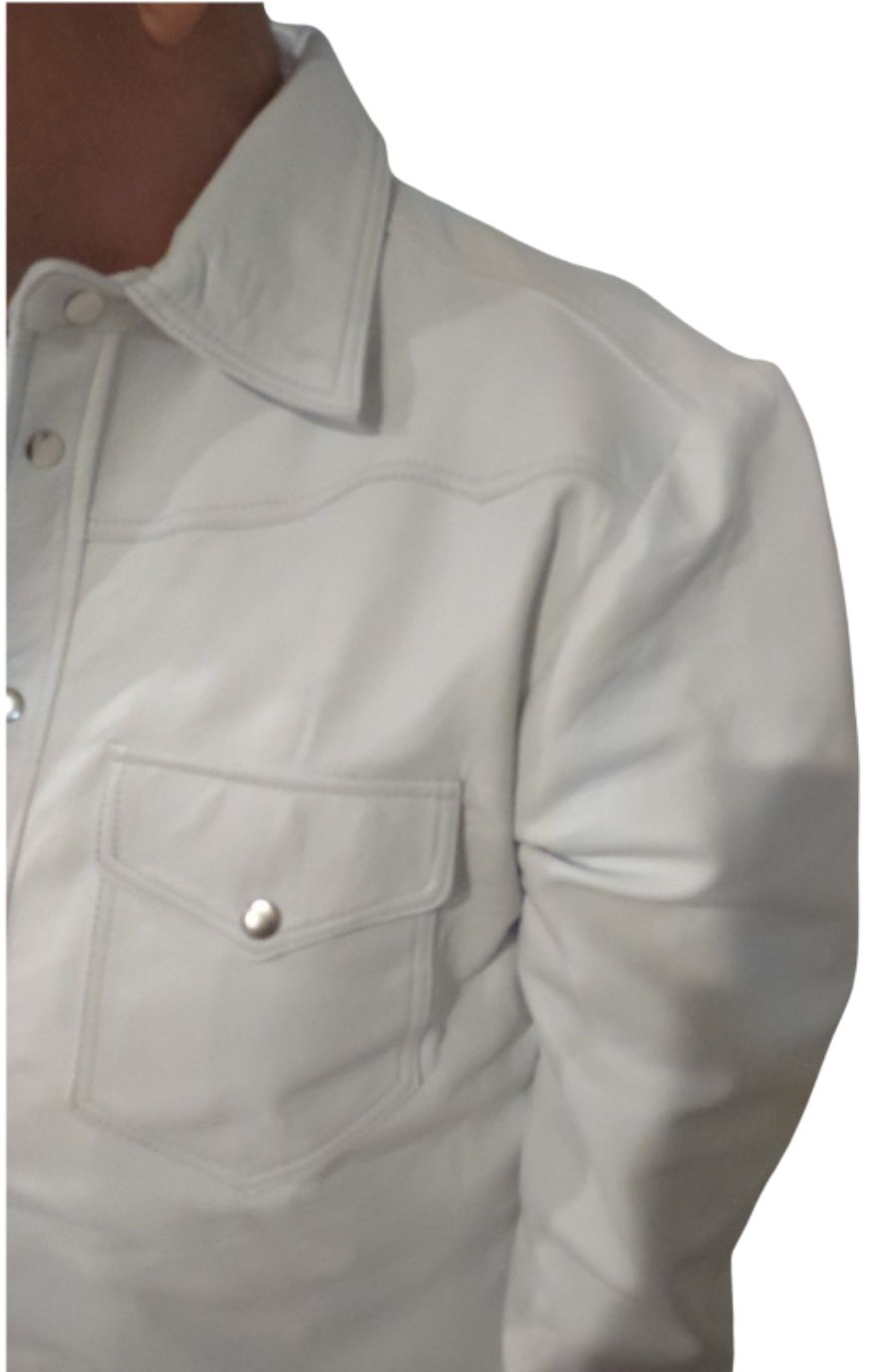 Picture of a model wearing our Mens White Leather Shirt, close up view of the pocket and collar.