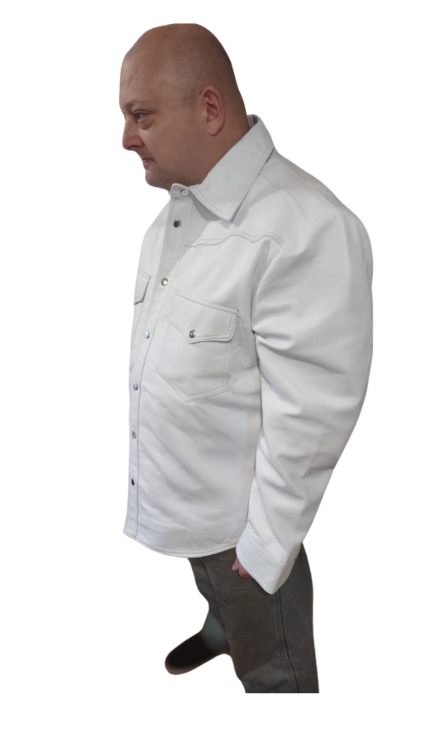 Picture of a model wearing our Mens White Leather Shirt, side view.