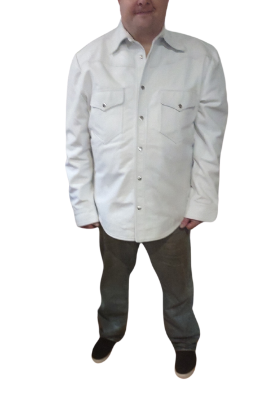 Picture of a model wearing our Mens White Leather Shirt, front view.