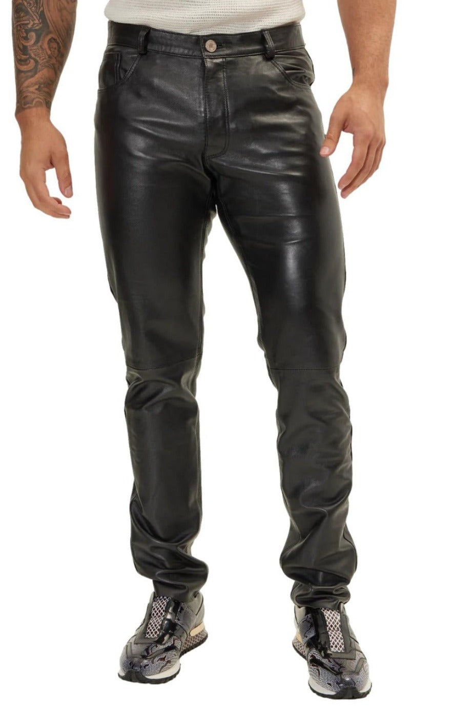 Picture of a model wearing our Black Mens Leather pants another front view.