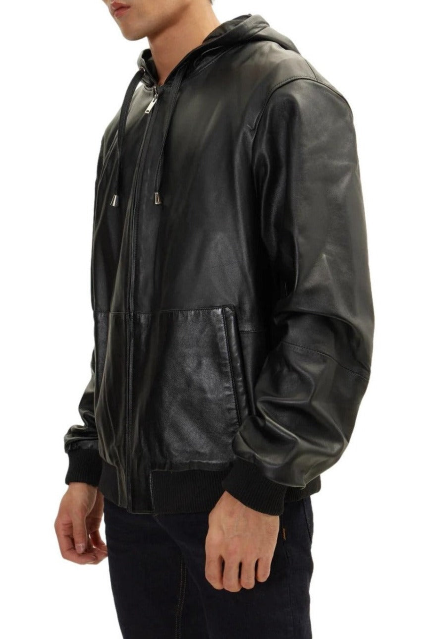 Picture of a model wearing our  Mens Black Leather Shirt Jacket, side view.