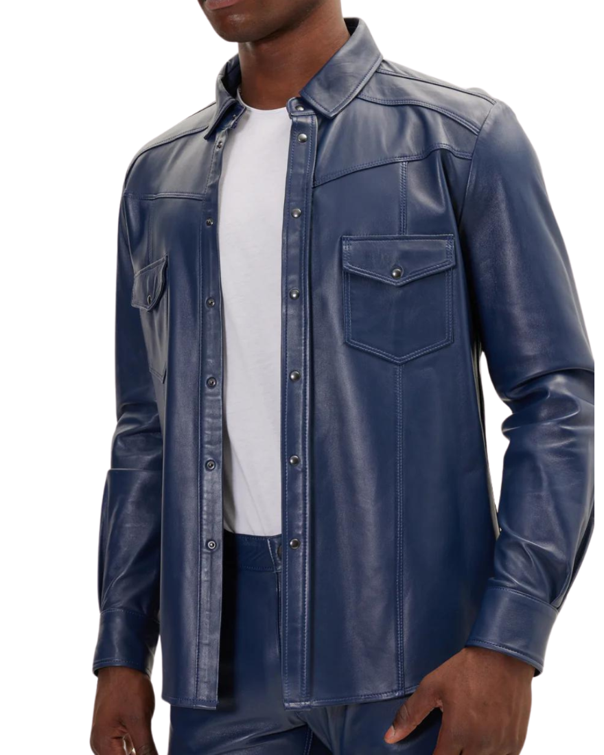 Picture of a model wearing our Mens Blue Leather Shirt, front view, not buttoned up.