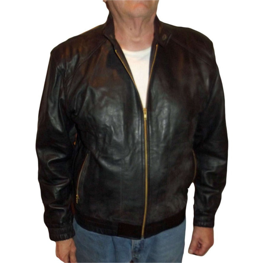Picture of a model wearing our Mens Leather Jacket with Hood, Black color, Front view, with zipper open