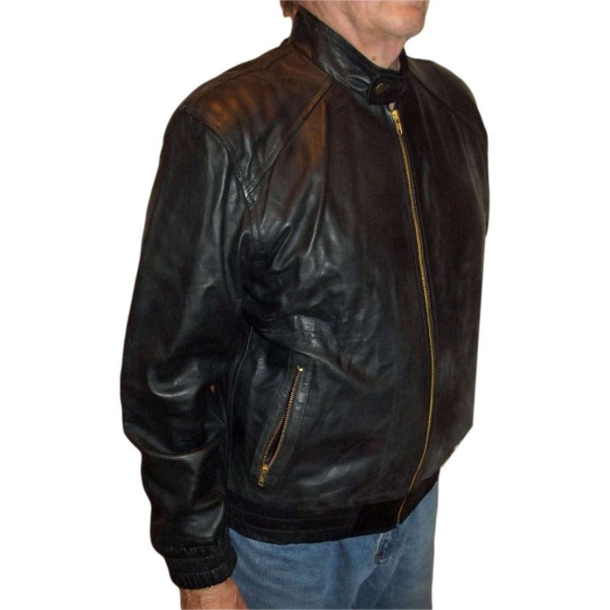 Picture of a model wearing our Mens Leather Jacket with Hood, Black color, side view.