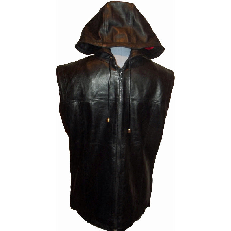 Hooded leather vest black color, front view