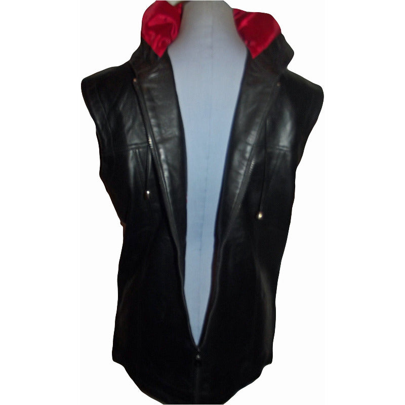 Hooded leather vest black color, front view with zipper open