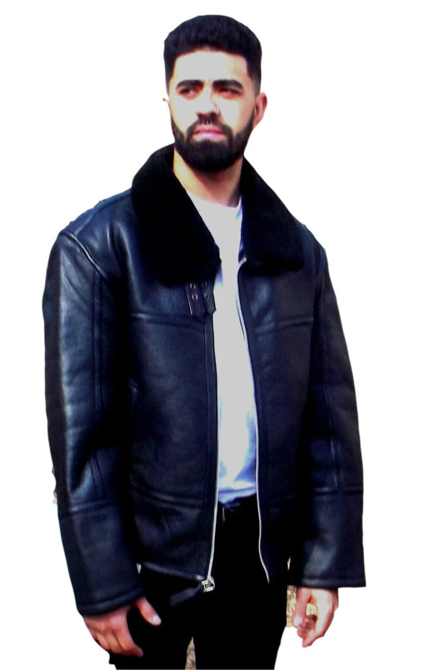 Picture of a model wearing our Mens Black Shearling Leather Jacket, front view with zipper open