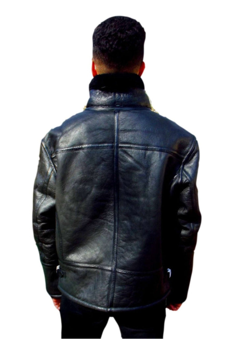 Picture of a model wearing our Mens Black Shearling Leather Jacket, back view