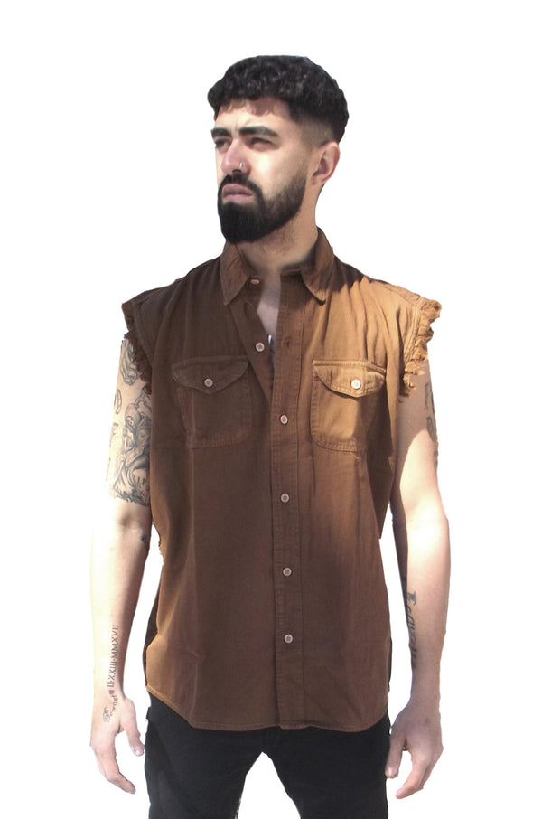 Mens Motorcycle Biker Shirt Chocolate Cut Off Sleeveless Cotton Denim Size M Mens Motorcycle Biker Shirt Chocolate Cut Off Sleeveless Cotton Denim Size M