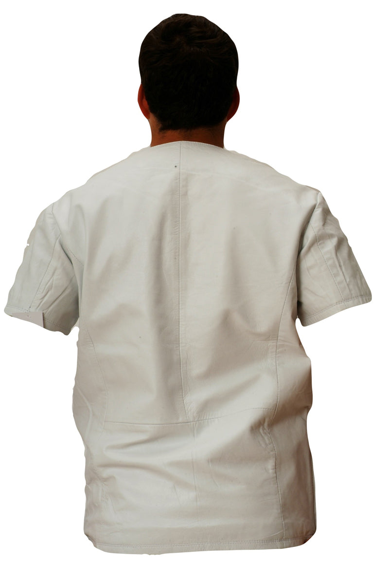 Picture of model wearing white leather t shirt, back view.