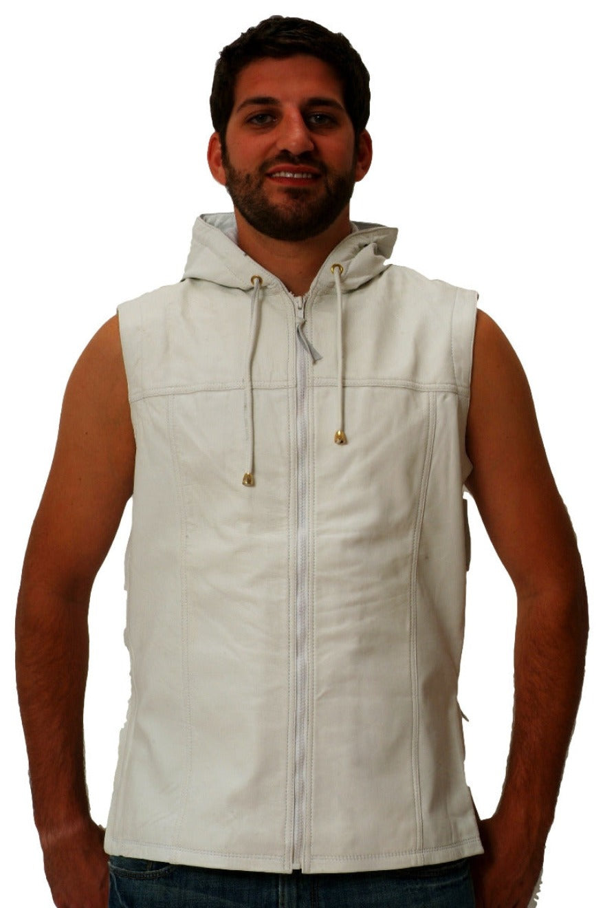 Picture of a model wearing our White Leather Vest Mens, front view, with hood down