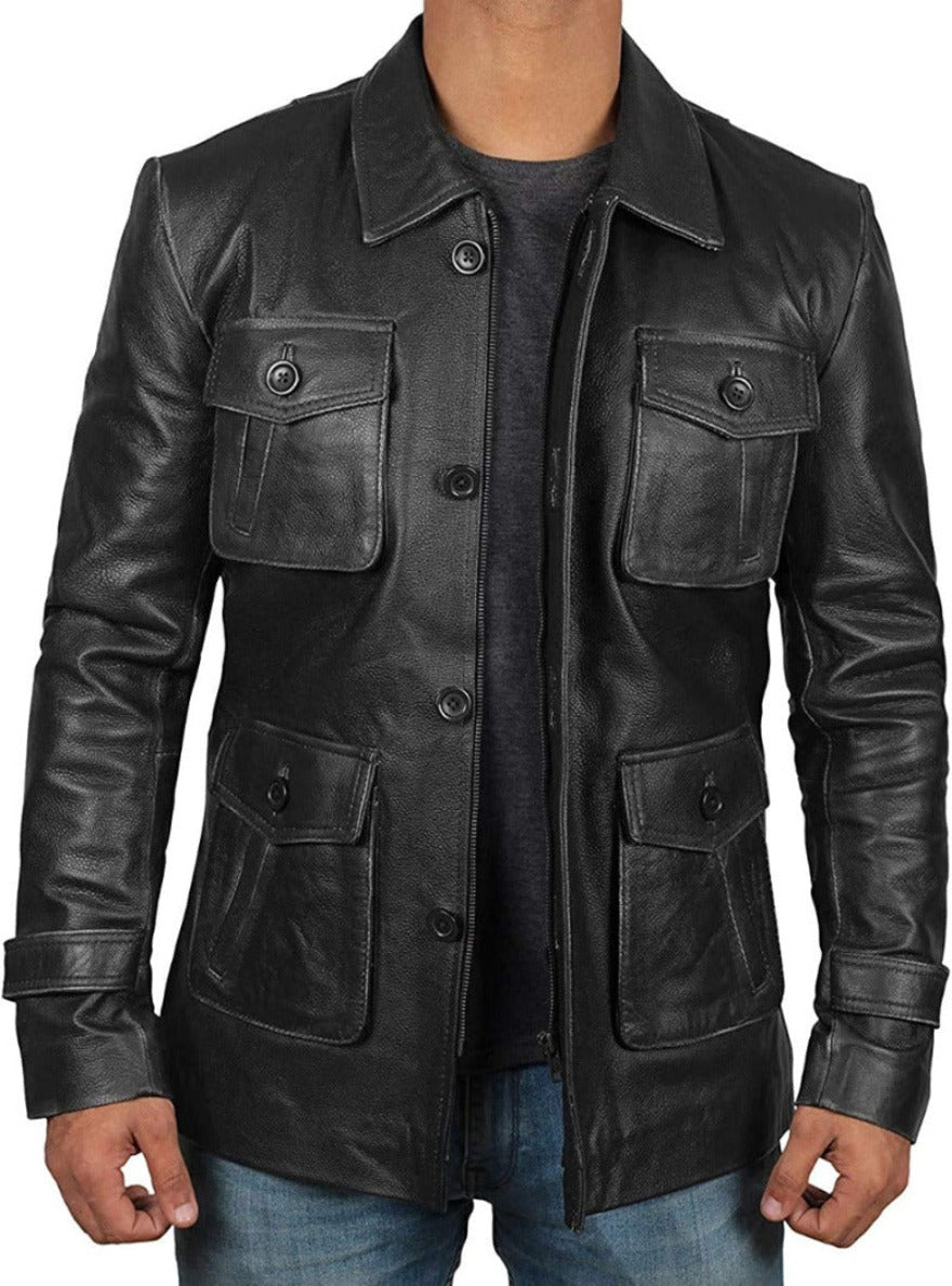 Picture of a model wearing our Trucker style leather jacket front view