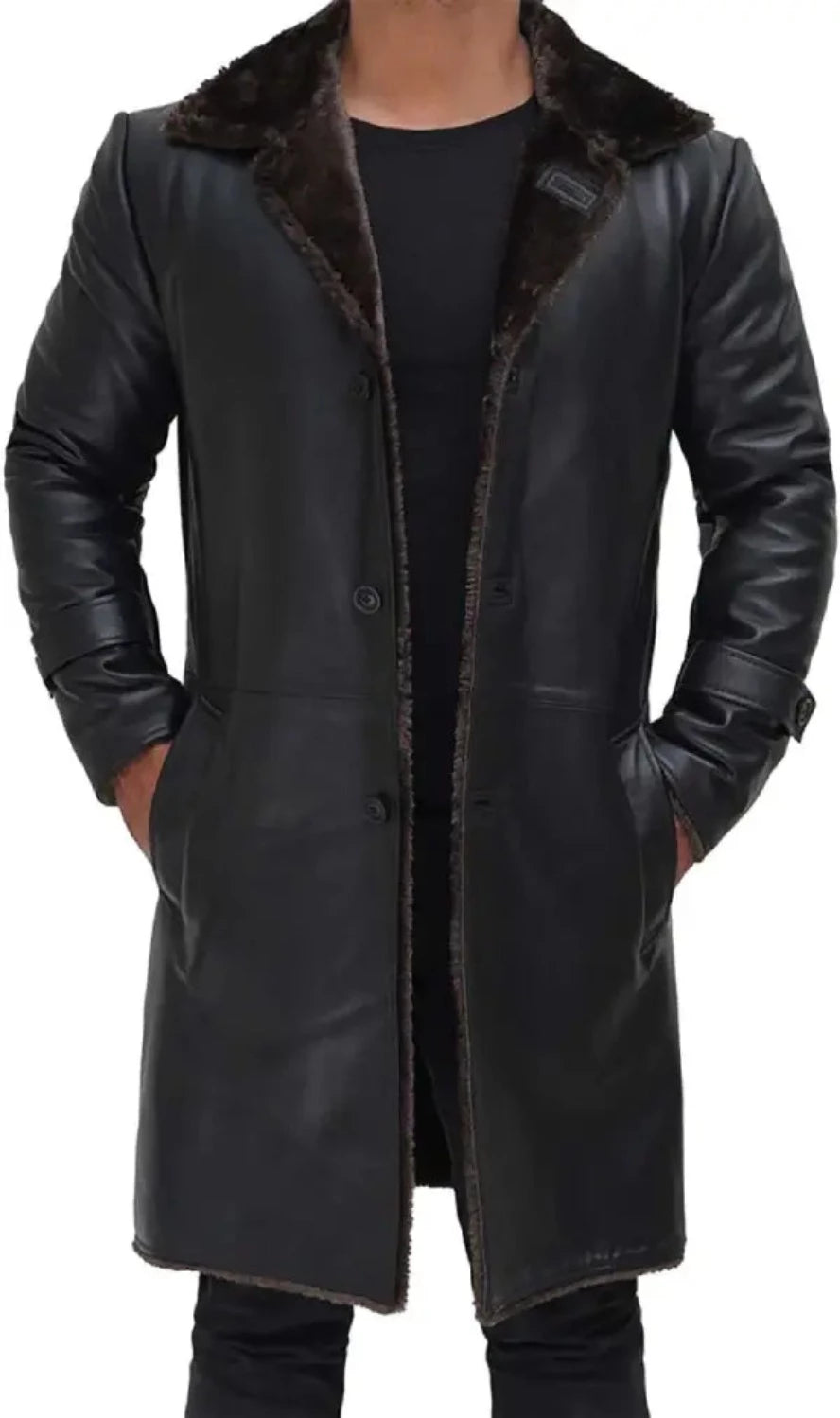 Picture of a model wearing our Mens Leather Shearling Trench Coat, front view , not buttoned showing shearling lining.