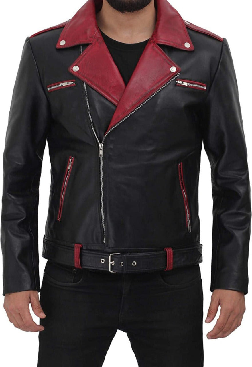 Picture of a model wearing our Leather Moto Jacket Black with maroon collar and trim, front view.