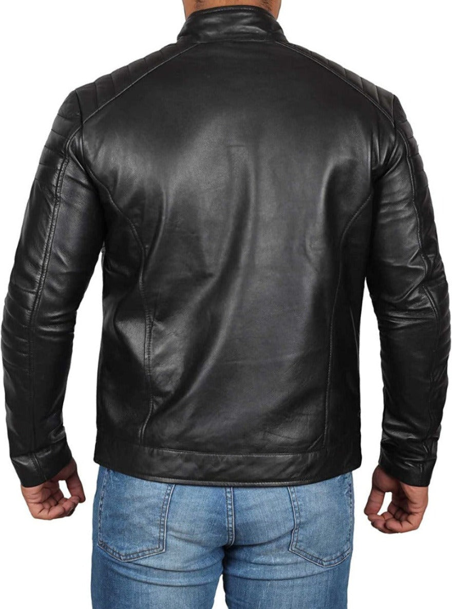 Picture of a model wearing our Black Cafe Racer Leather Jacket , back view .