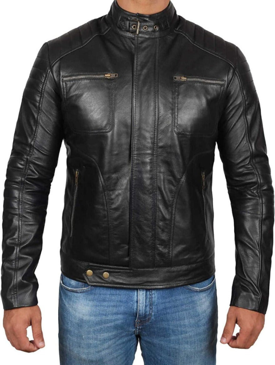 Picture of a model wearing our Black Cafe Racer Leather Jacket , front view with zipper closed.