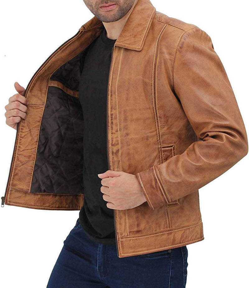 Picture of a model wearing our Mens Waxed Leather Jacket in tan side view with zipper open