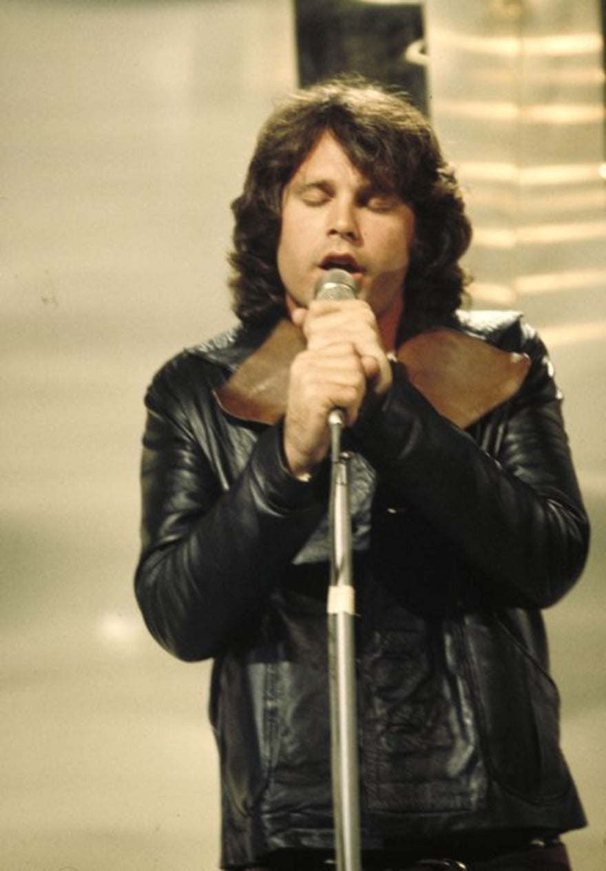 Vintage picture of Jim Morison of the Doors singing in 1968 wearing a Mens Leather Blazer Black with Brown Lapel.