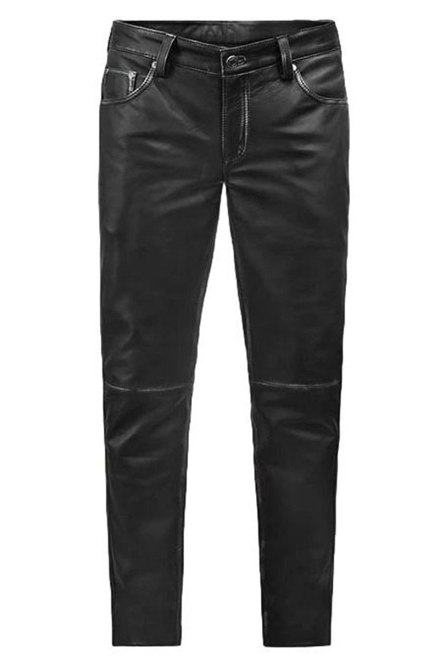 Picture of our 5 pocket Mens Leather Black Jeans, Black rubbed color, front view.