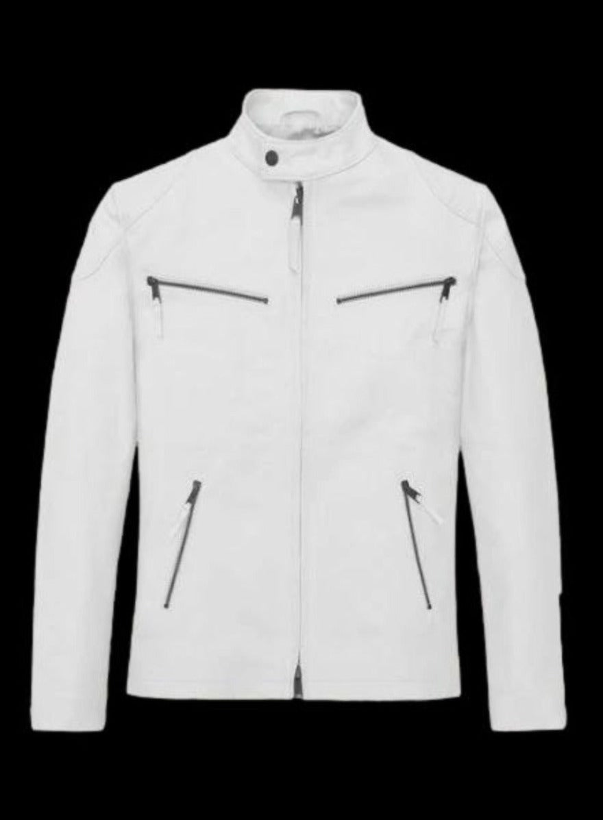 Picture of our White Cafe Racer Jacket, front view.