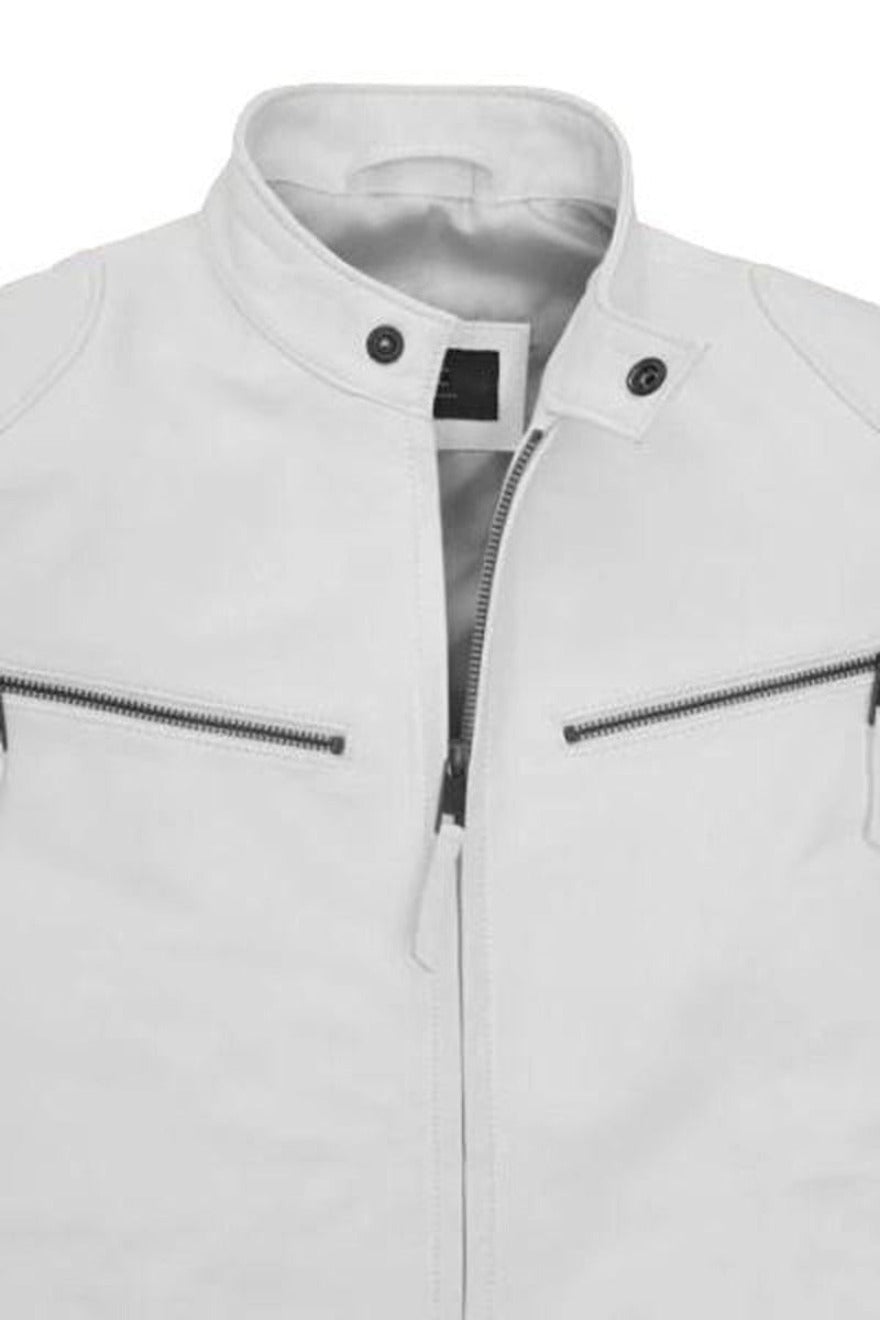 Picture of our White Cafe Racer Jacket, close up  view of collar.