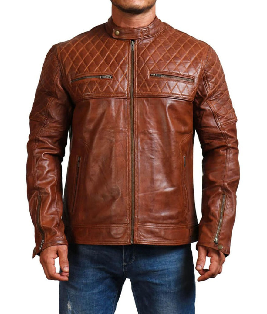Picture of model wearing our Mens  Racer Leather jacket with quilted shoulders and chest. Front view.