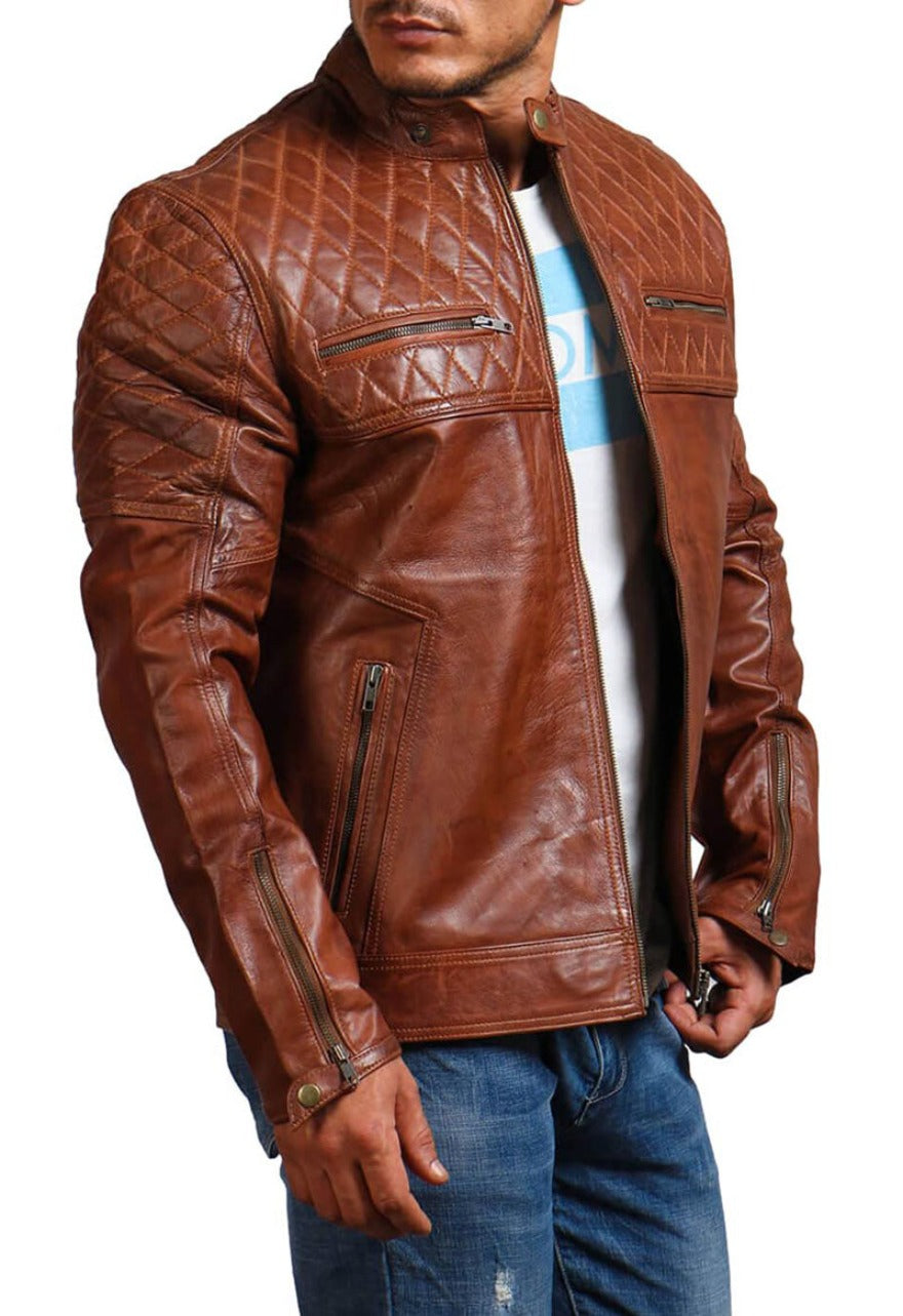 Picture of model wearing our Brown  Racer Leather jacket in brown with quilted shoulders and chest. Side view.