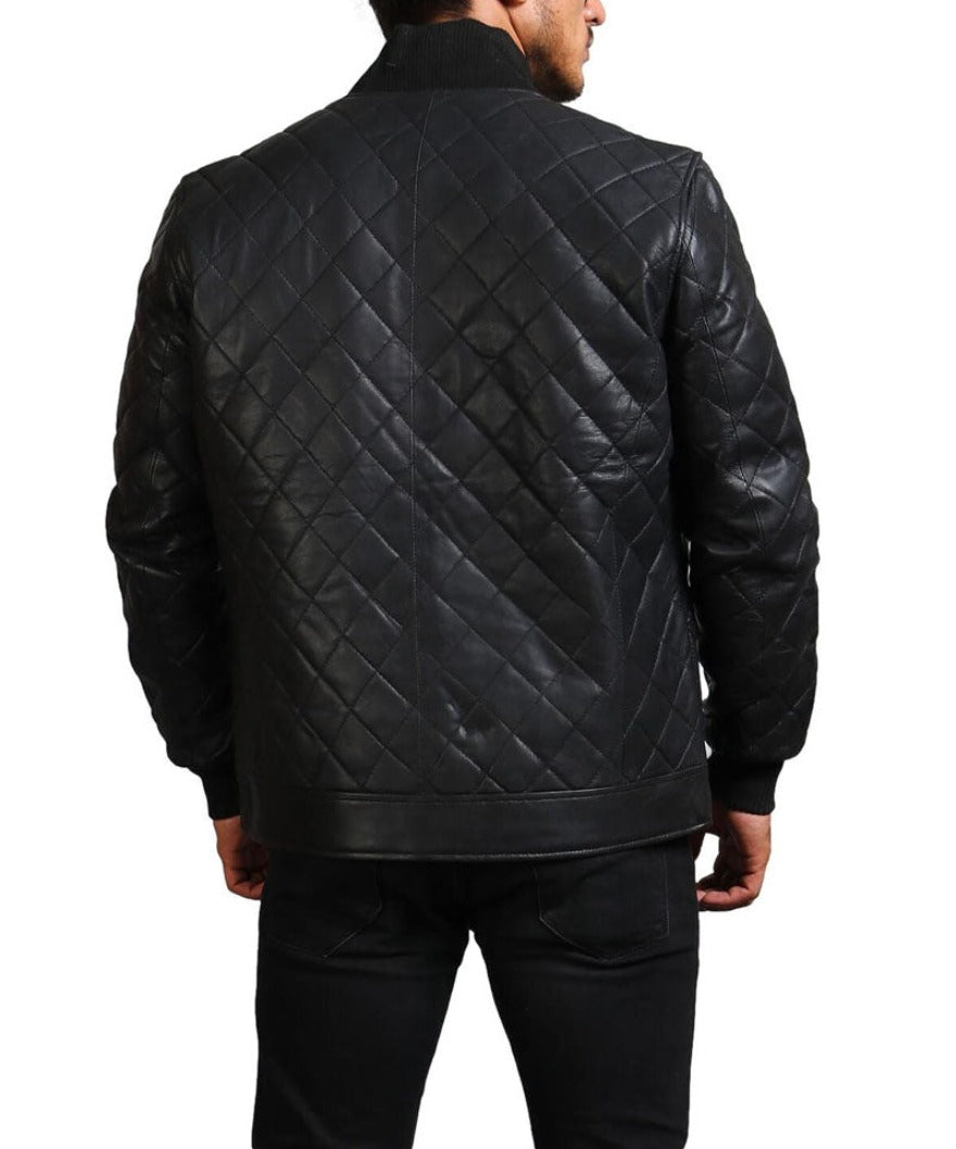 Picture of model wearing our Mens Quilted Leather Jacket in black, diamond pattern, back view.